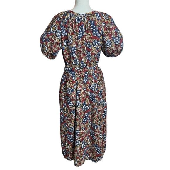 Faherty Boho Linen Dress Size XS Puff Sleeve Midi Belted Red Cottage Peasant - Picture 4 of 16